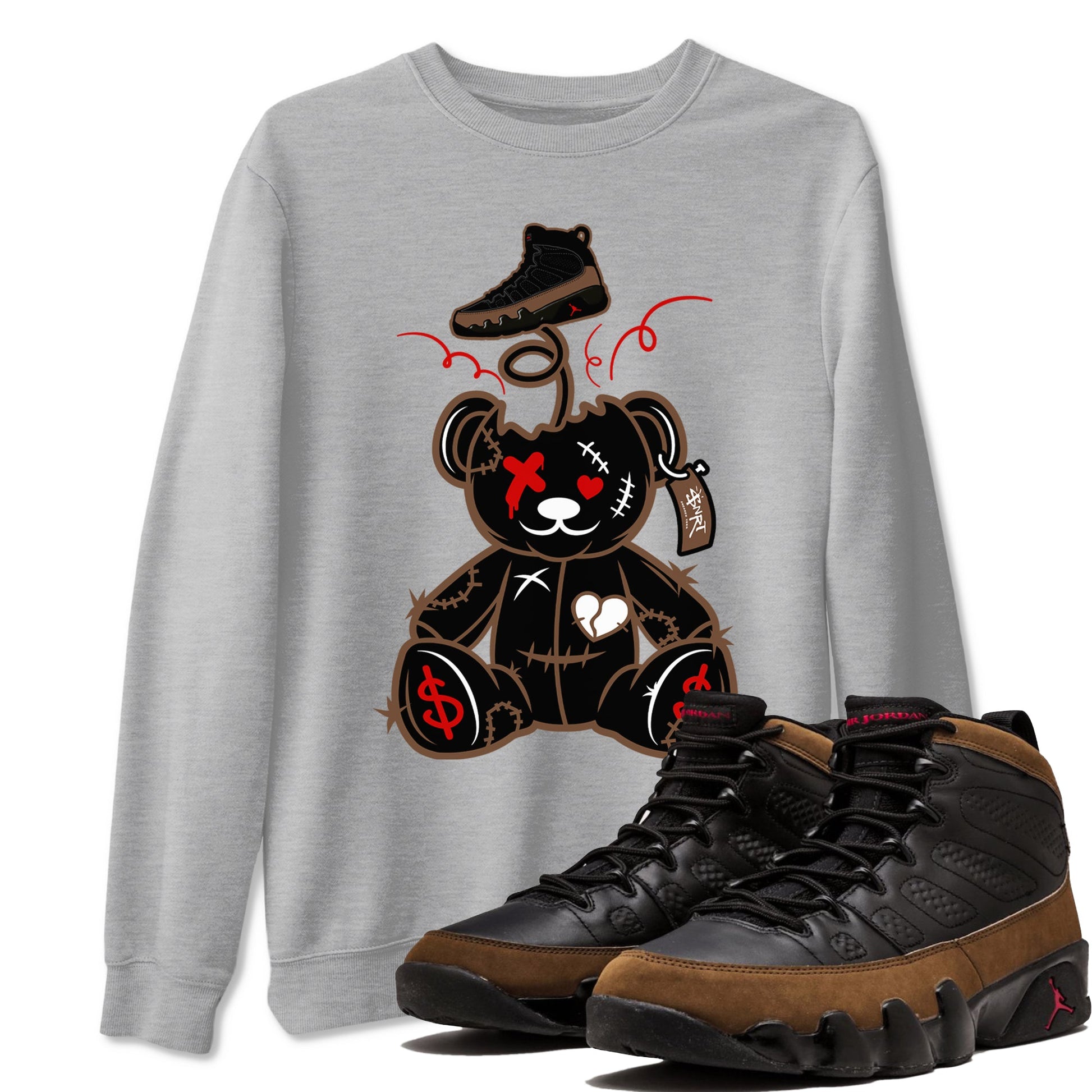 9s Olive shirts to match jordans Surprise Teddy Bear sneaker match tees Air Jordan 9 Olive match shoes to clothes SNRT Sneaker Tees unisex cotton Heather Grey 1 shirts