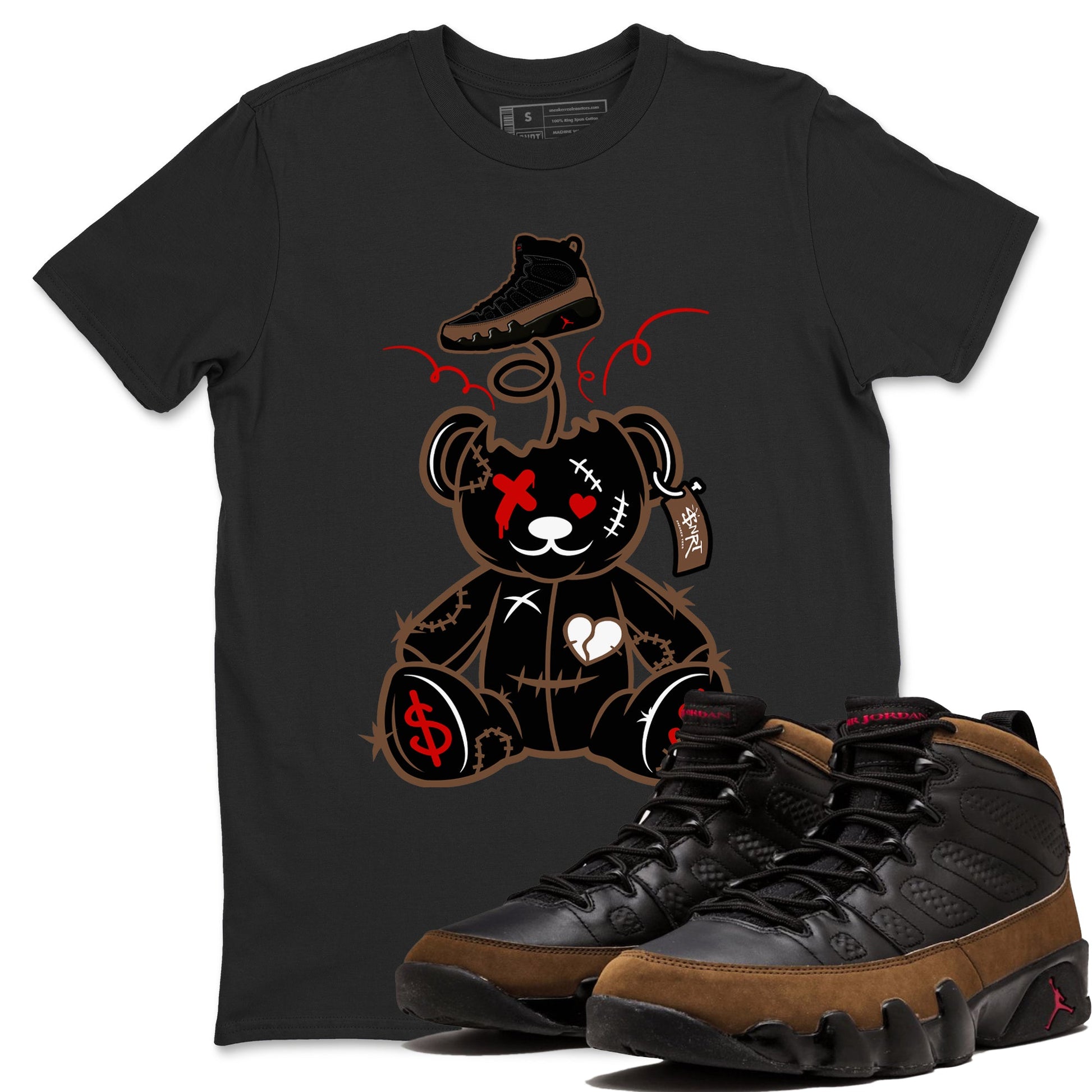 9s Olive shirts to match jordans Surprise Teddy Bear sneaker match tees Air Jordan 9 Olive match shoes to clothes SNRT Sneaker Tees unisex cotton Black 1 shirts