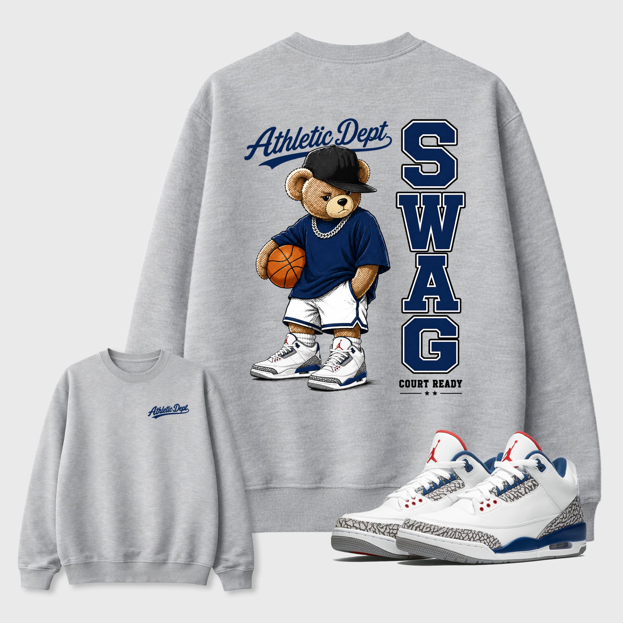 Swag Bear Graphic T-Shirt featuring original streetwear artwork designed to match the Air Jordan 3 True Blue. Heather Grey Graphic Tee.