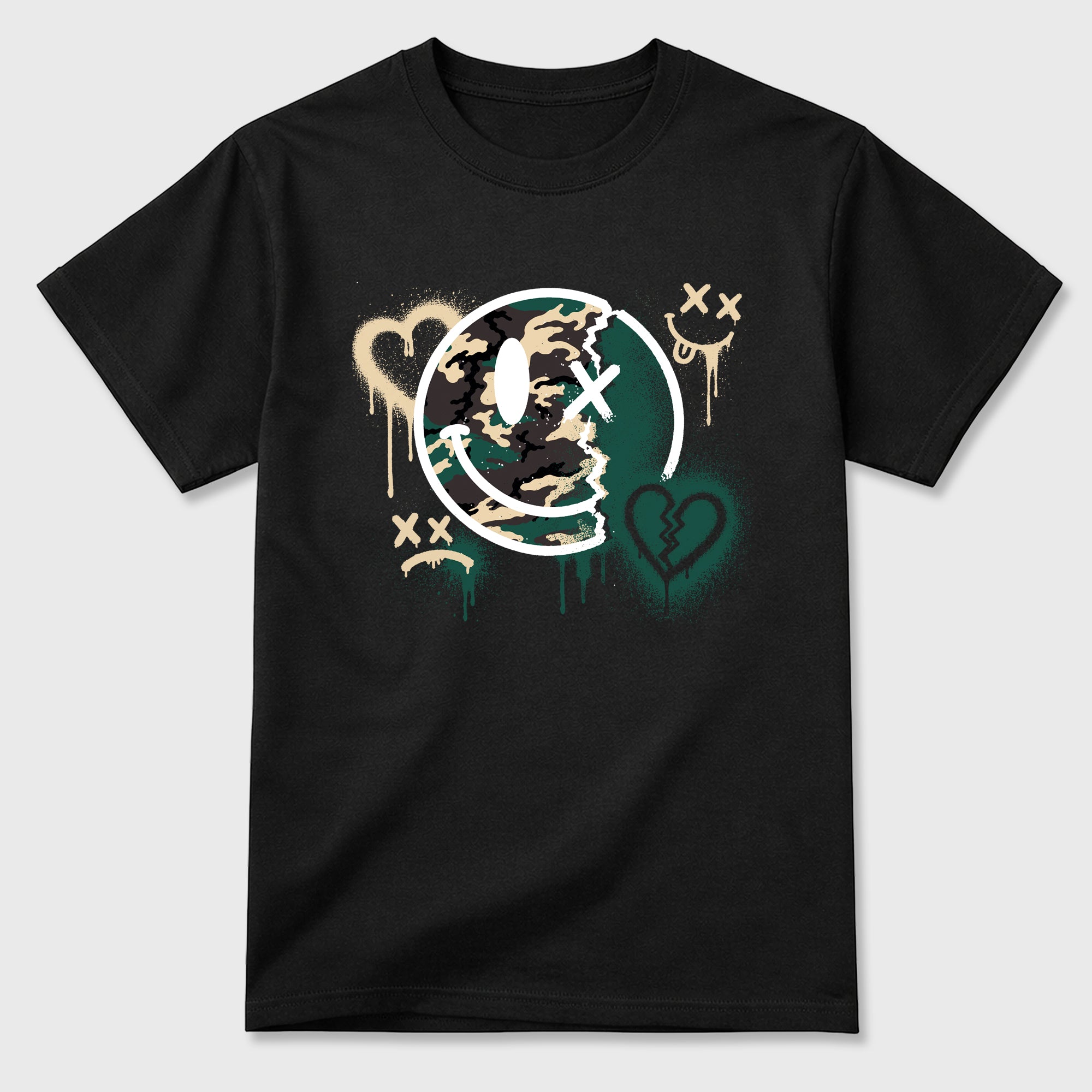 Sweet Damage Graphic T-Shirt featuring original streetwear artwork designed to match the Air Foamposite Pro Green Camo. Black 2 Graphic T-Shirt.