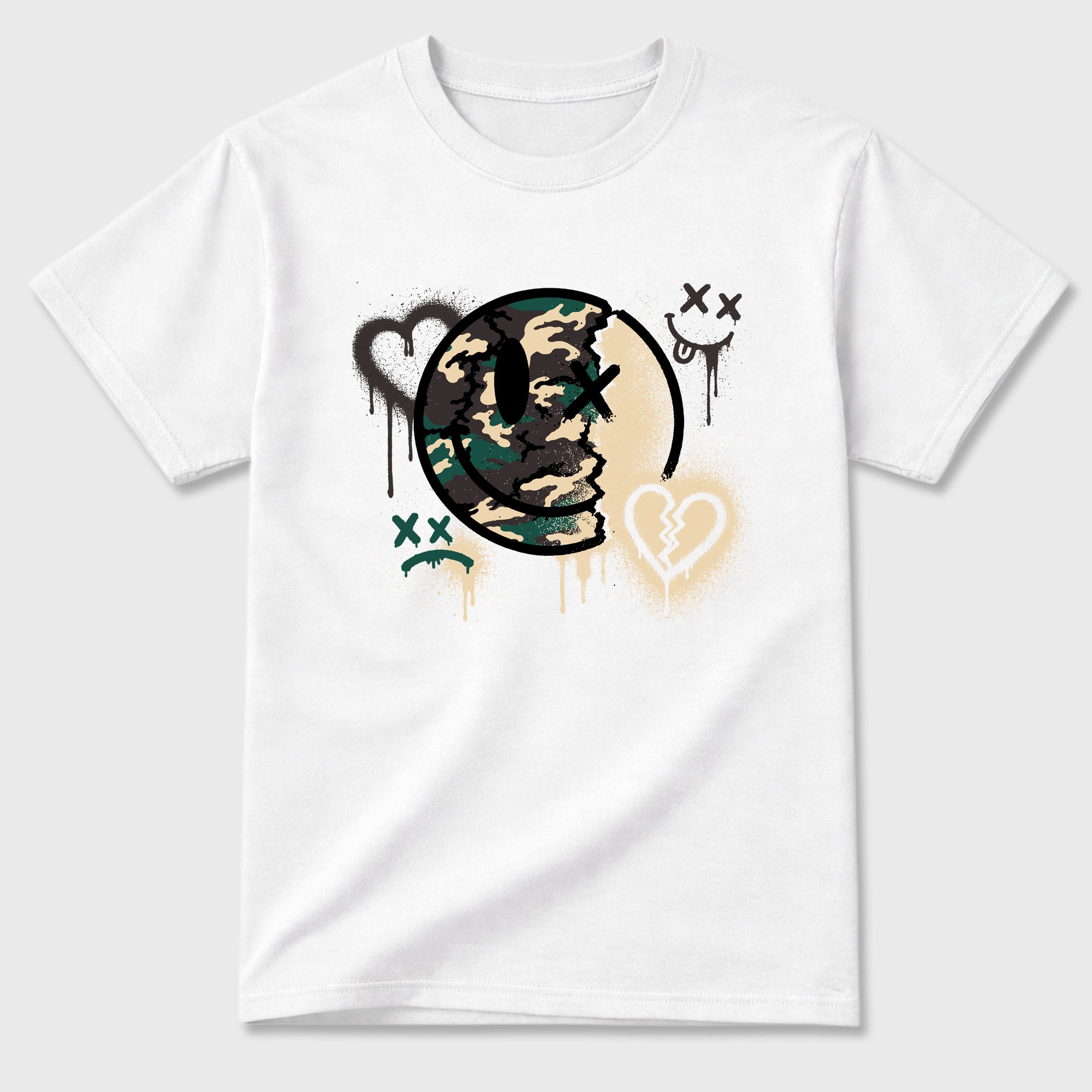 Sweet Damage Graphic T-Shirt featuring original streetwear artwork designed to match the Air Foamposite Pro Green Camo. White 2 Graphic T-Shirt.