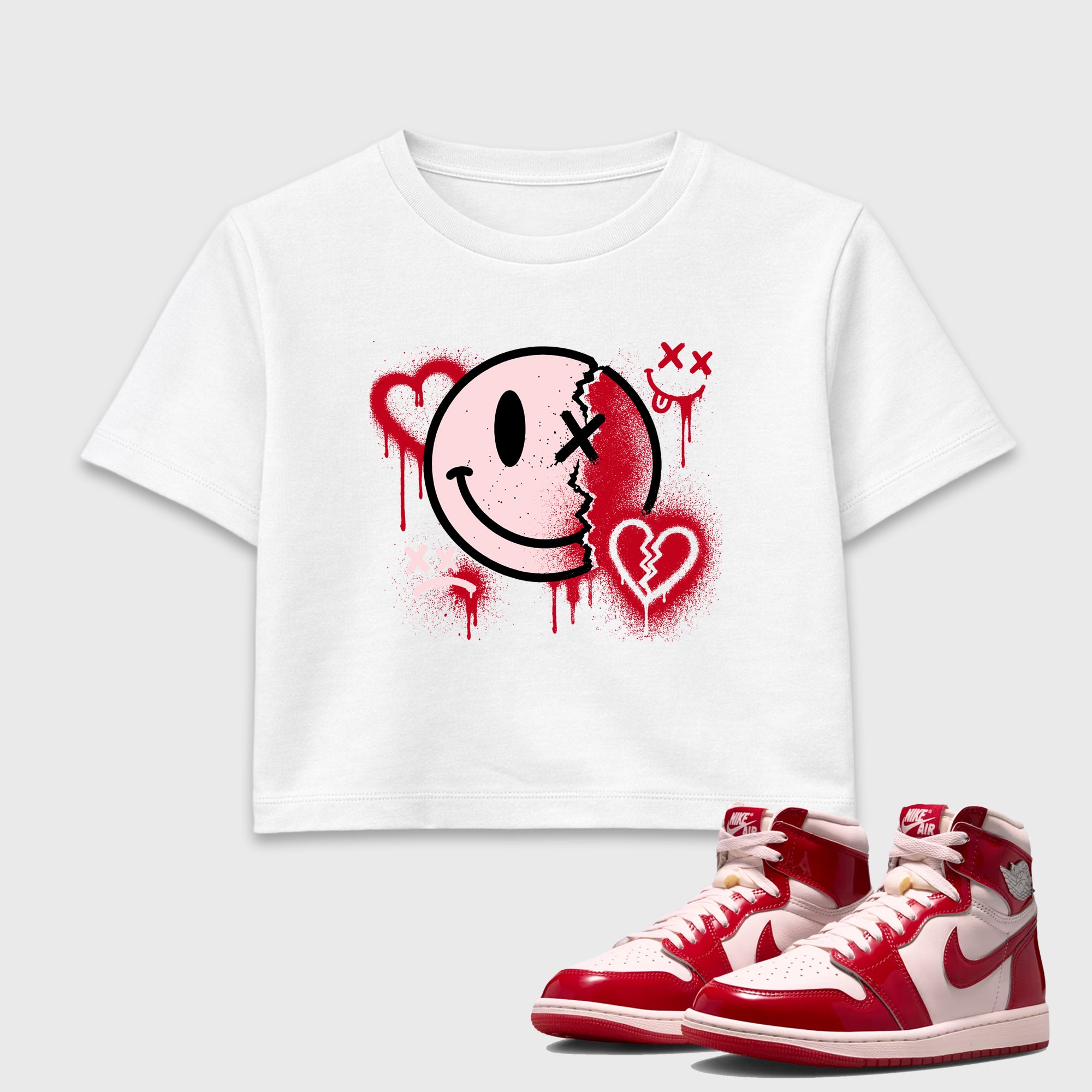 Sweet Damage women’s crop tee designed to match the Air Jordan 1 Nails and Grails, featuring coordinated White 1 options for a perfect streetwear vibe.