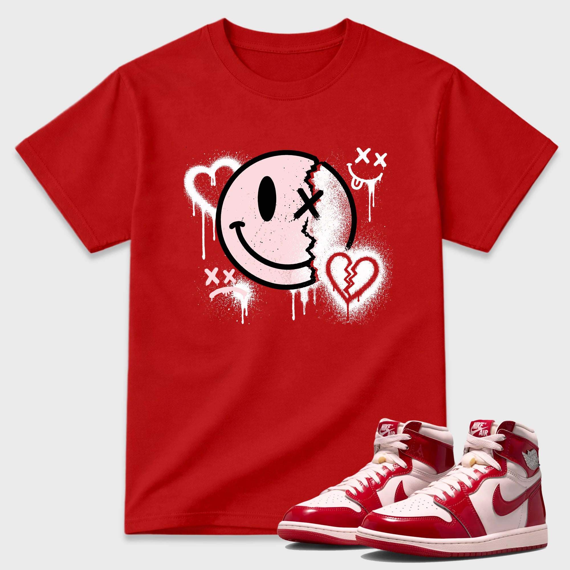 Sweet Damage Graphic T-Shirt featuring original streetwear artwork designed to match the Air Jordan 1 Nails and Grails. Red 1 Graphic T-Shirt.