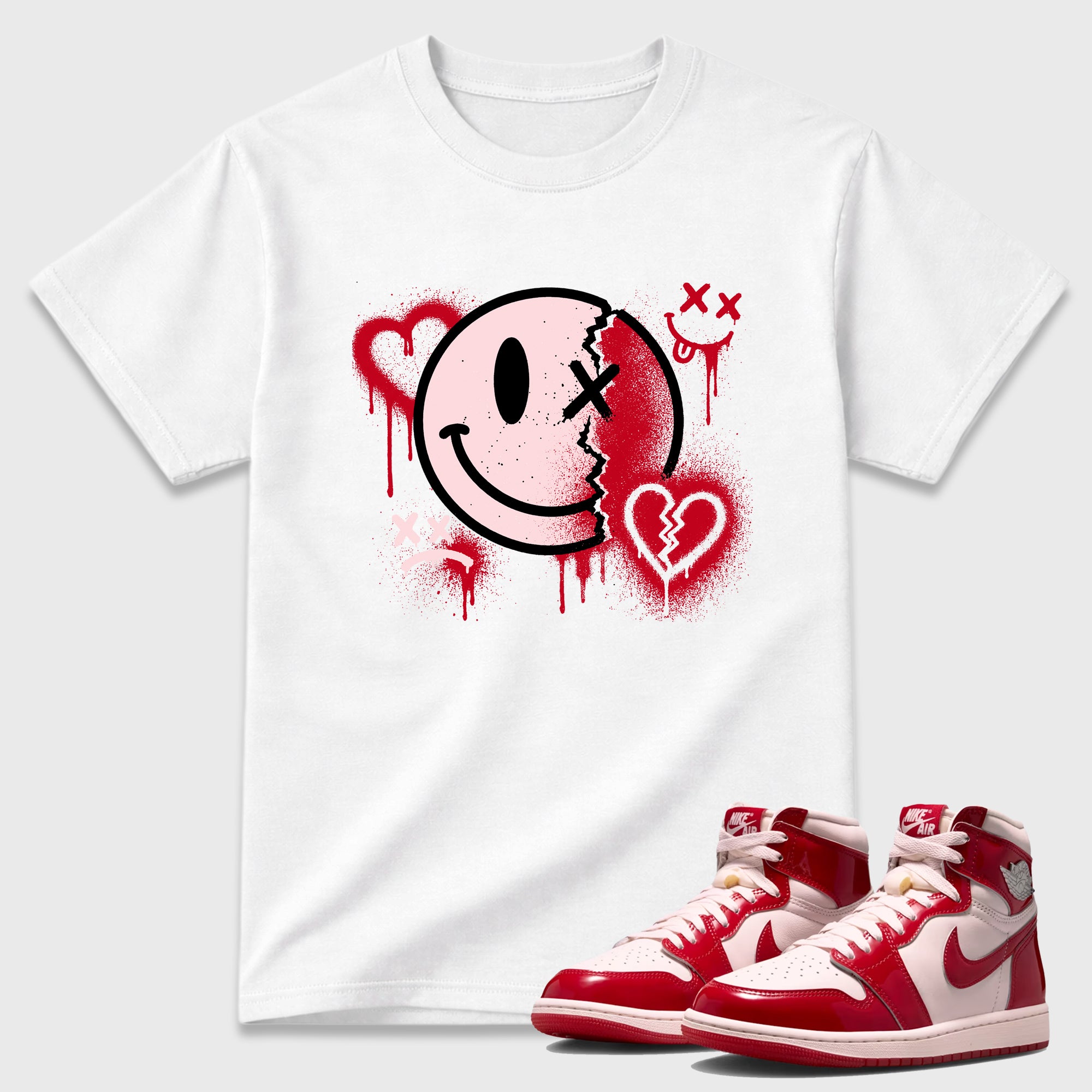 Sweet Damage Graphic T-Shirt featuring original streetwear artwork designed to match the Air Jordan 1 Nails and Grails. White 1 Graphic T-Shirt.