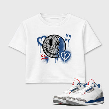 Sweet Damage women’s crop tee designed to match the Air Jordan 3 True Blue, featuring coordinated White 1 options for a perfect streetwear vibe.