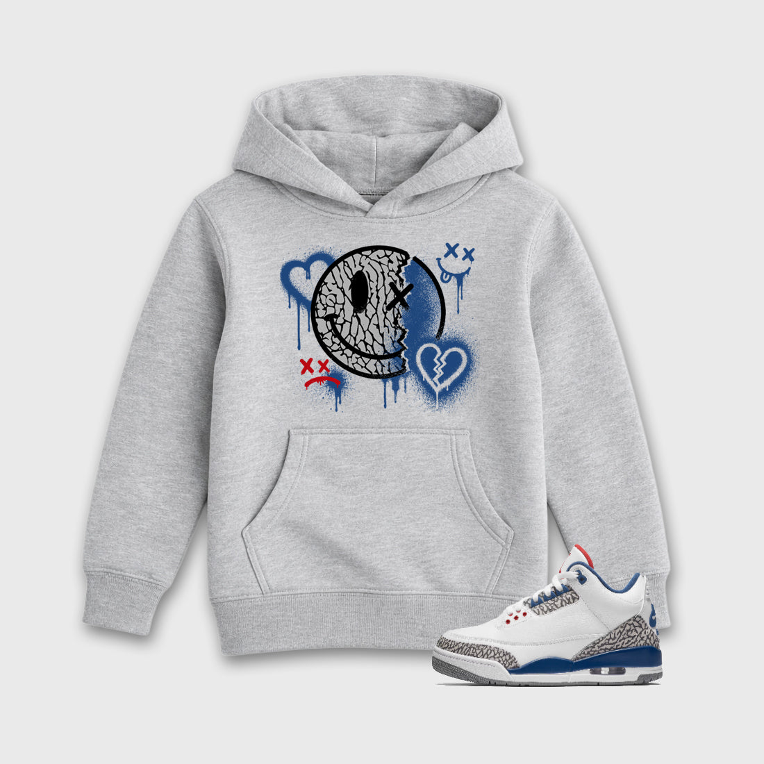 Sweet Damage affordable baby and kids t-shirt designed to match the Air Jordan 3 True Blue, featuring coordinated Heather Grey 1 options for the perfect little sneakerhead streetwear look.