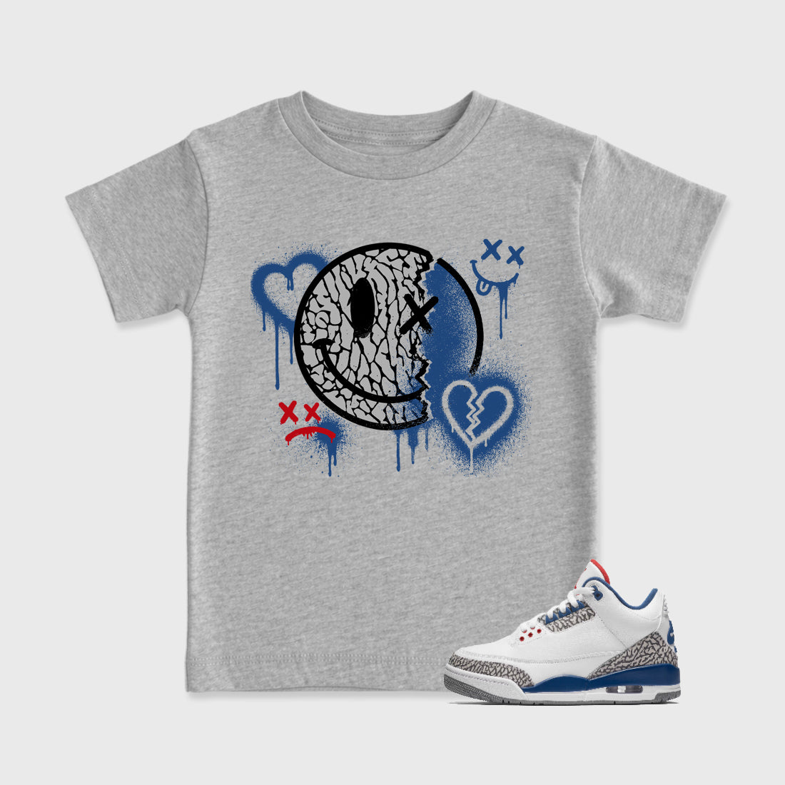 Sweet Damage affordable baby and kids t-shirt designed to match the Air Jordan 3 True Blue, featuring coordinated Heather Grey 1 options for the perfect little sneakerhead streetwear look.