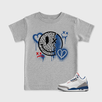 Sweet Damage affordable baby and kids t-shirt designed to match the Air Jordan 3 True Blue, featuring coordinated Heather Grey 1 options for the perfect little sneakerhead streetwear look.
