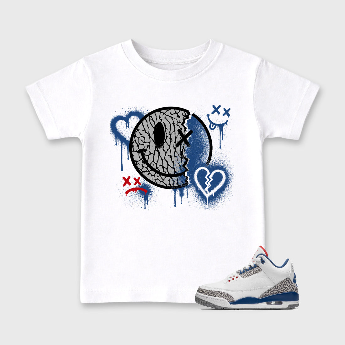 Sweet Damage affordable baby and kids t-shirt designed to match the Air Jordan 3 True Blue, featuring coordinated White 1 options for the perfect little sneakerhead streetwear look.