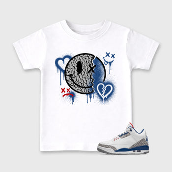 Sweet Damage affordable baby and kids t-shirt designed to match the Air Jordan 3 True Blue, featuring coordinated White 1 options for the perfect little sneakerhead streetwear look.