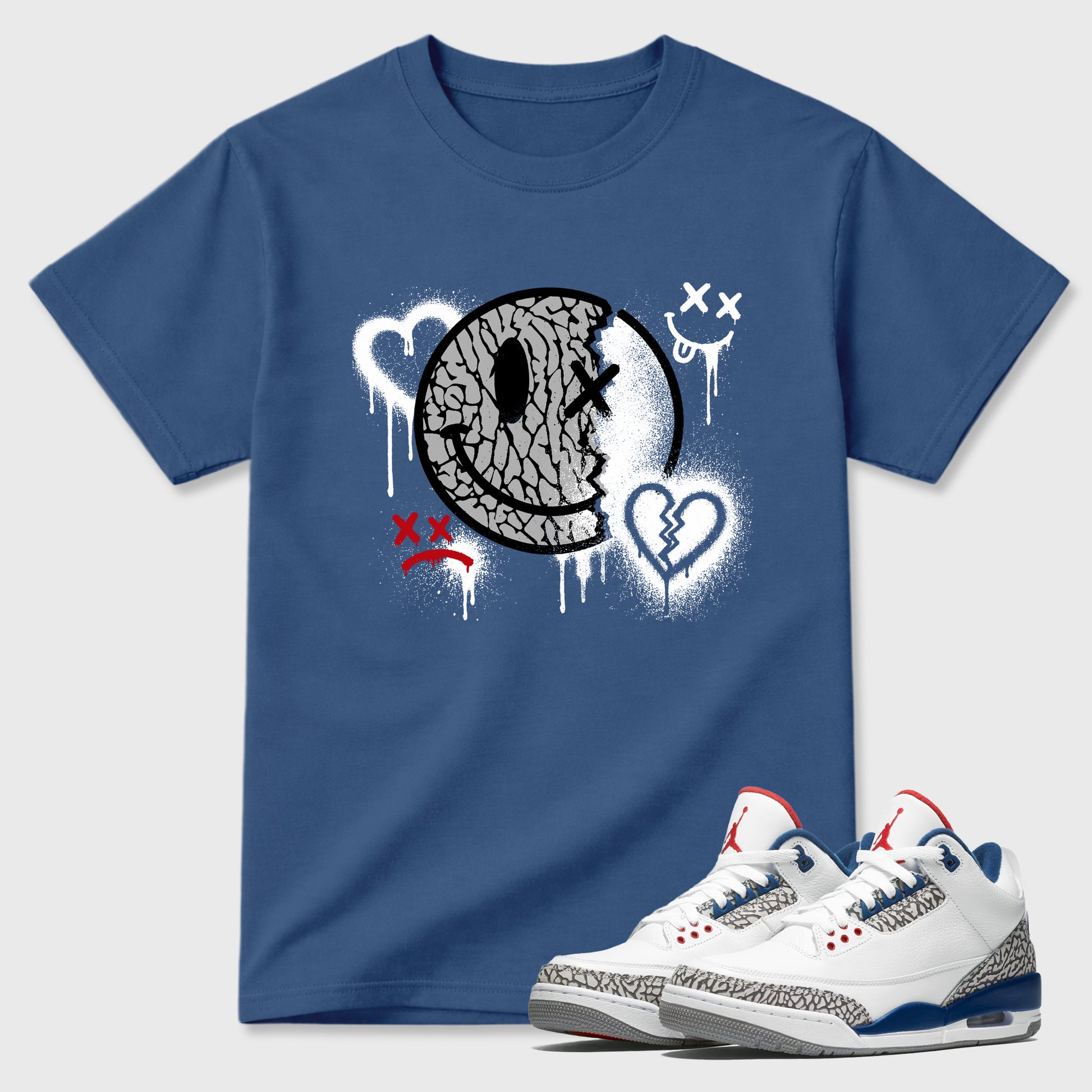 Sweet Damage Graphic T-Shirt sneaker match tee designed for the Air Jordan 3 True Blue, featuring coordinated color options for a perfect streetwear match. Denim Blue 1 shirt.