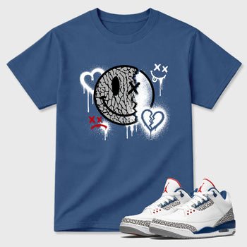 Sweet Damage Graphic T-Shirt sneaker match tee designed for the Air Jordan 3 True Blue, featuring coordinated color options for a perfect streetwear match. Denim Blue 1 shirt.