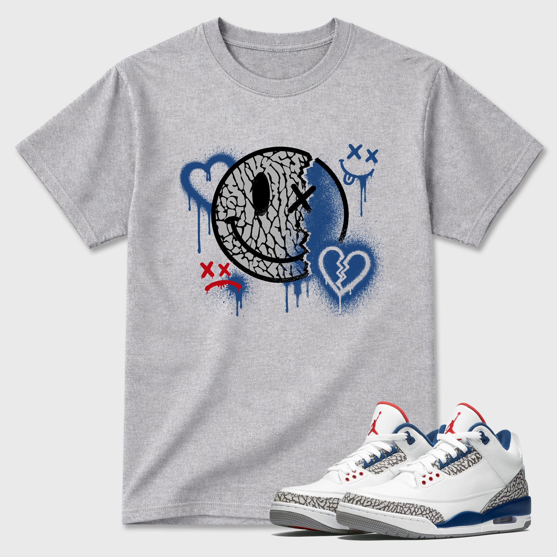 Sweet Damage Graphic T-Shirt sneaker match tee designed for the Air Jordan 3 True Blue, featuring coordinated color options for a perfect streetwear match. Heather Grey 1 shirt.