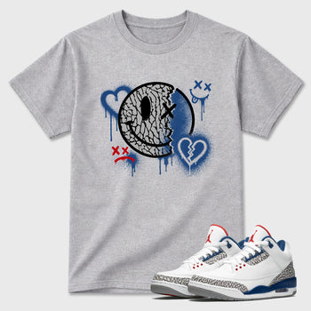 Sweet Damage Graphic T-Shirt sneaker match tee designed for the Air Jordan 3 True Blue, featuring coordinated color options for a perfect streetwear match. Heather Grey 1 shirt.
