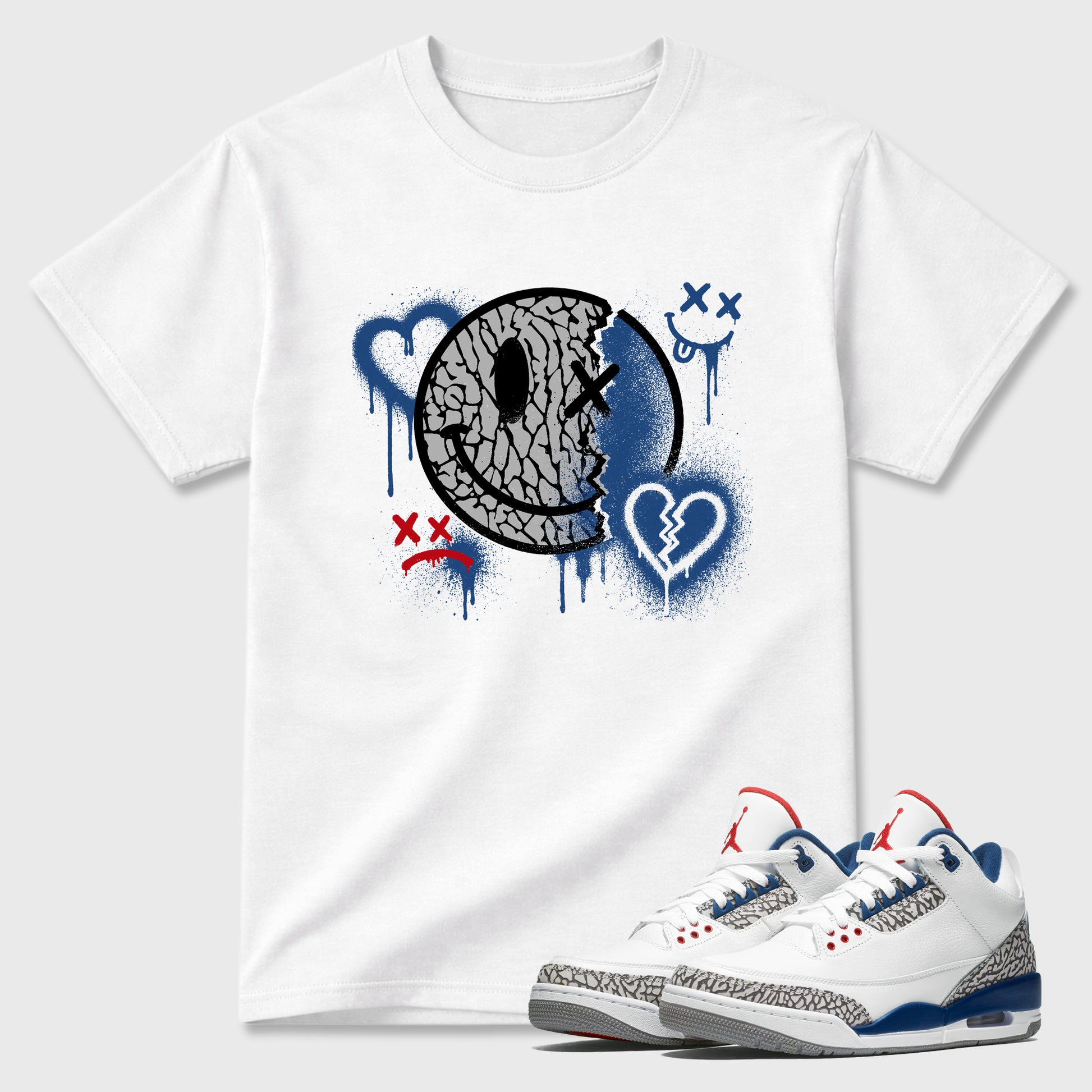 Sweet Damage Graphic T-Shirt sneaker match tee designed for the Air Jordan 3 True Blue, featuring coordinated color options for a perfect streetwear match. White 1 shirt.