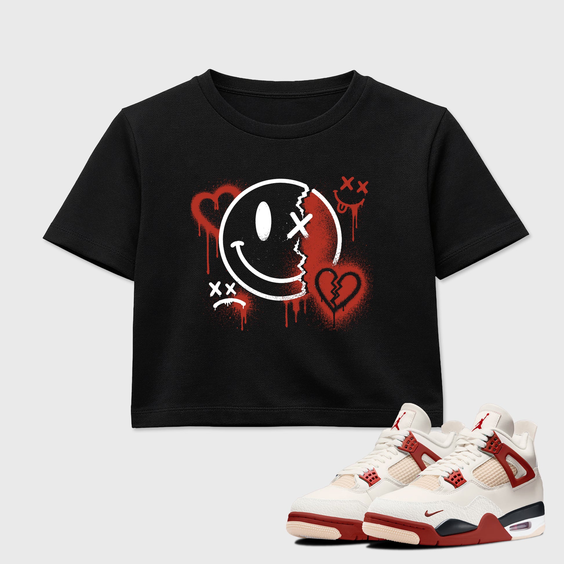 Sneakerfit Streetwear outfit, Sneaker Tees To Match Air Jordan 4 Brick After Brick – Sweet Damage Crop T-Shirt Black 1