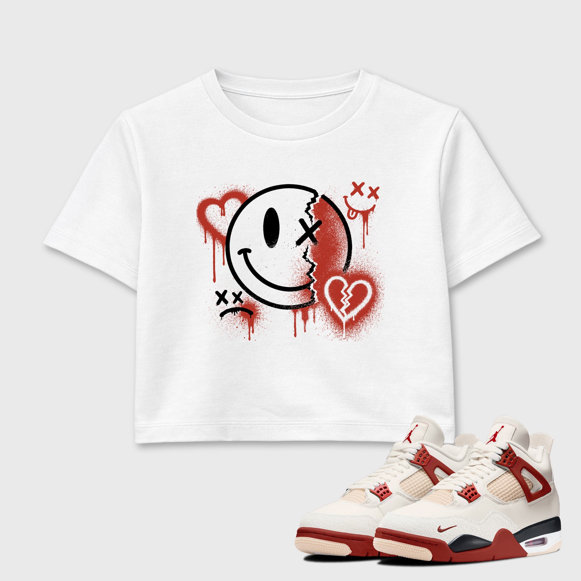 Sneakerfit Streetwear outfit, Sneaker Tees To Match Air Jordan 4 Brick After Brick – Sweet Damage Crop T-Shirt White 1