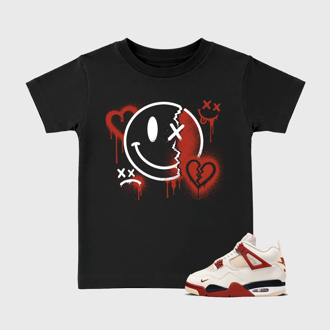 Sneakerfit Streetwear outfit, Sneaker Tees To Match Air Jordan 4 Brick After Brick – Sweet Damage Graphic Kids Tee Black 1