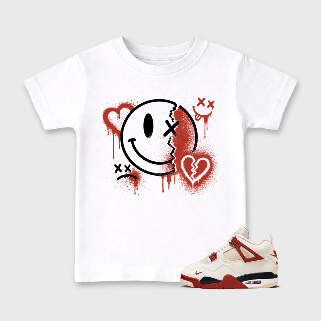 Sneakerfit Streetwear outfit, Sneaker Tees To Match Air Jordan 4 Brick After Brick – Sweet Damage Graphic Kids Tee White 1