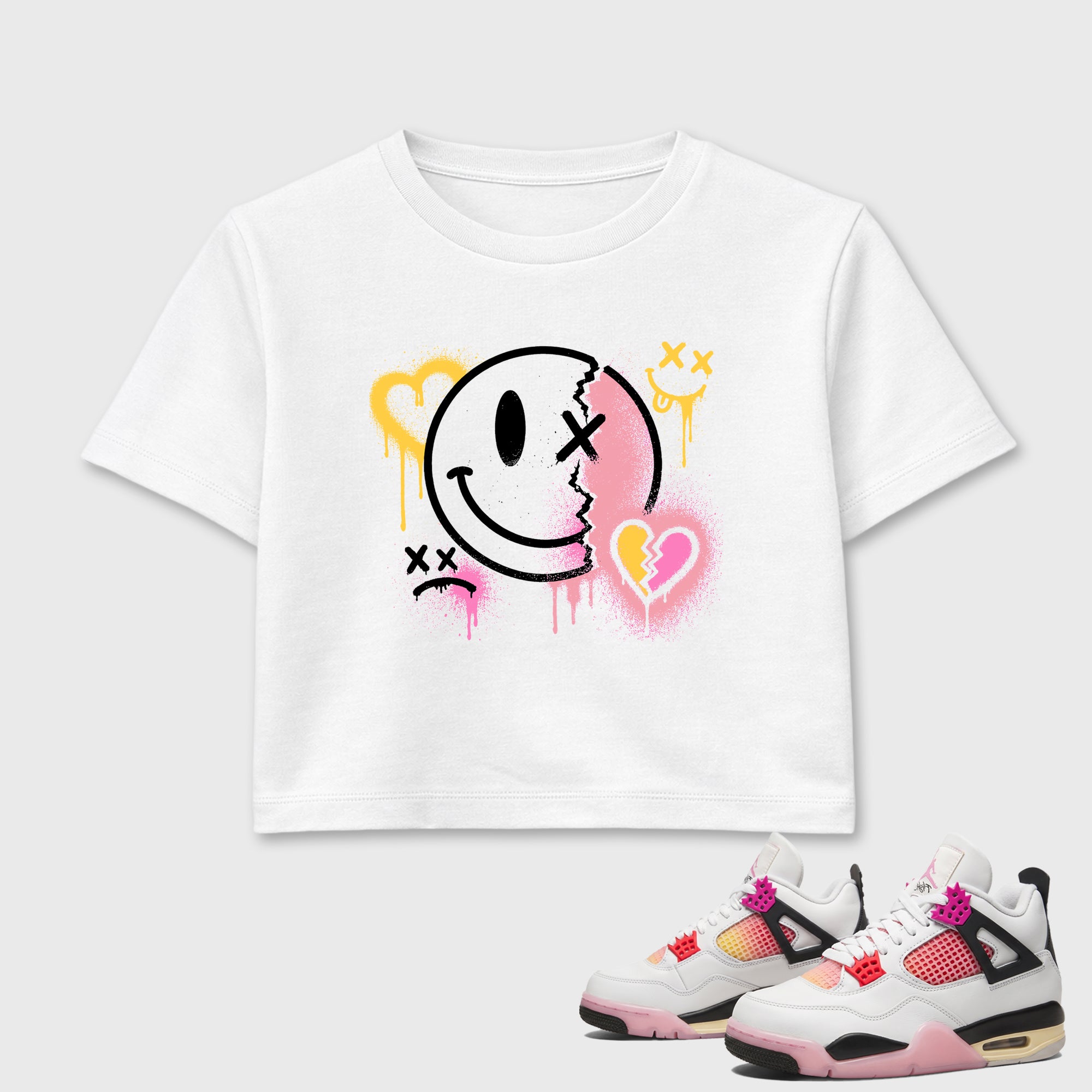 Sweet Damage women’s crop tee designed to match the Air Jordan 4 Comic, featuring coordinated White 1 options for a perfect streetwear vibe.