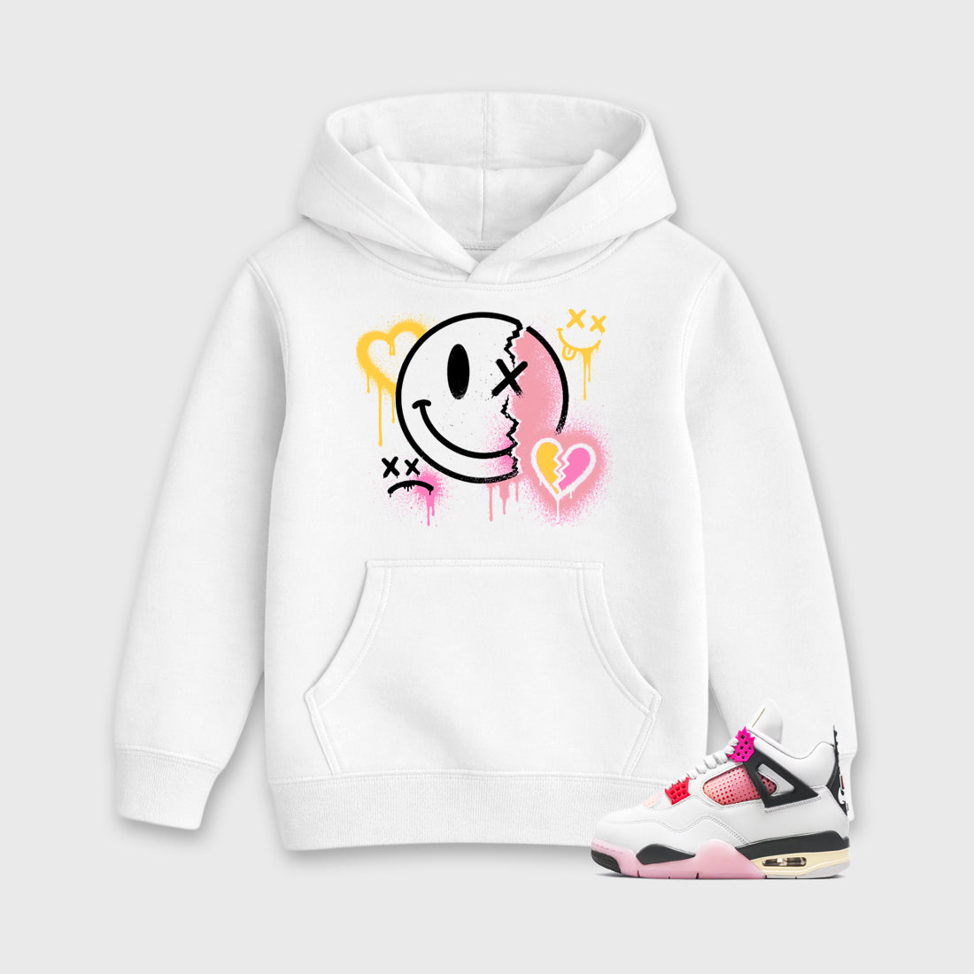 Sweet Damage Baby & Kids Graphic Hoodie featuring original artwork designed to match the Air Jordan 4 Comic. White 1 Kids Graphic Sweater.