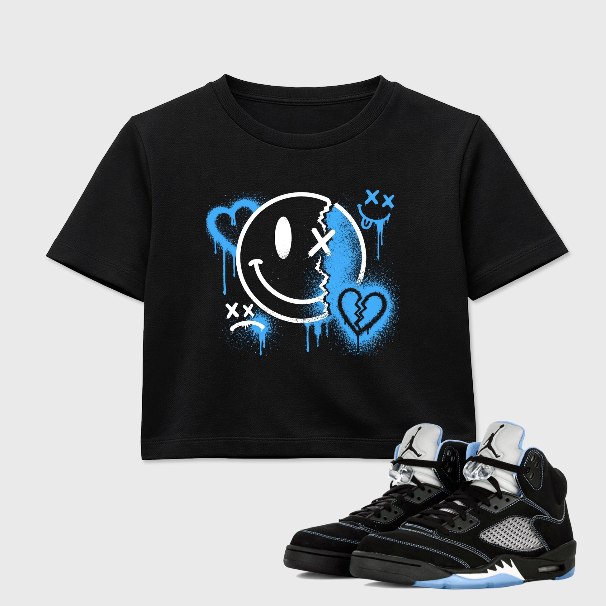 Sneakerfit Streetwear outfit, Sneaker Tees To Match Air Jordan 5 Black University Blue – Sweet Damage Crop T-Shirt Black 1