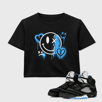 Sneakerfit Streetwear outfit, Sneaker Tees To Match Air Jordan 5 Black University Blue – Sweet Damage Crop T-Shirt Black 1