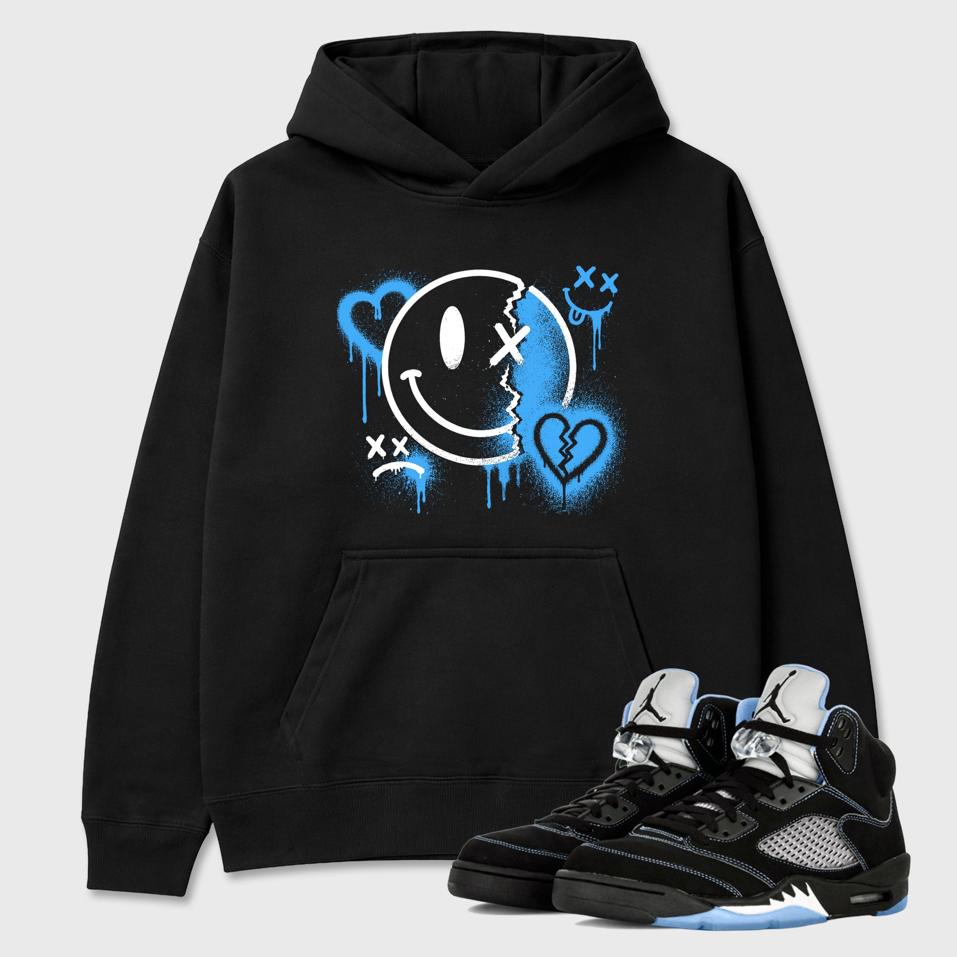 Sneakerfit Streetwear outfit, Sneaker Tees To Match Air Jordan 5 Black University Blue – Sweet Damage Graphic Tee Black 1