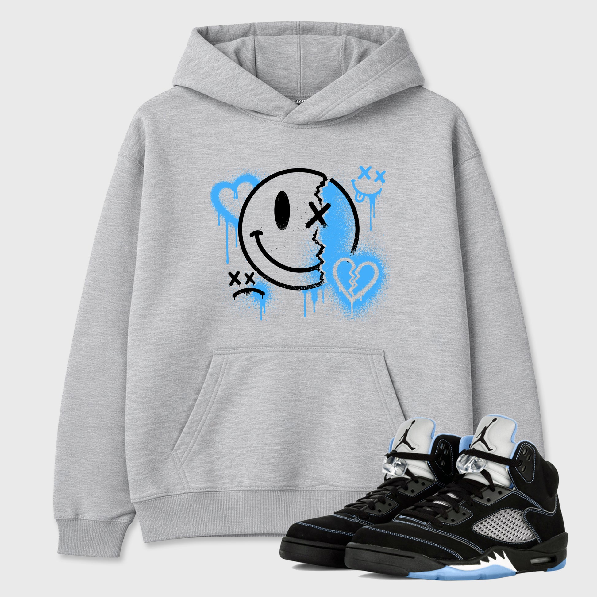 Sneakerfit Streetwear outfit, Sneaker Tees To Match Air Jordan 5 Black University Blue – Sweet Damage Graphic Tee Heather Grey 1