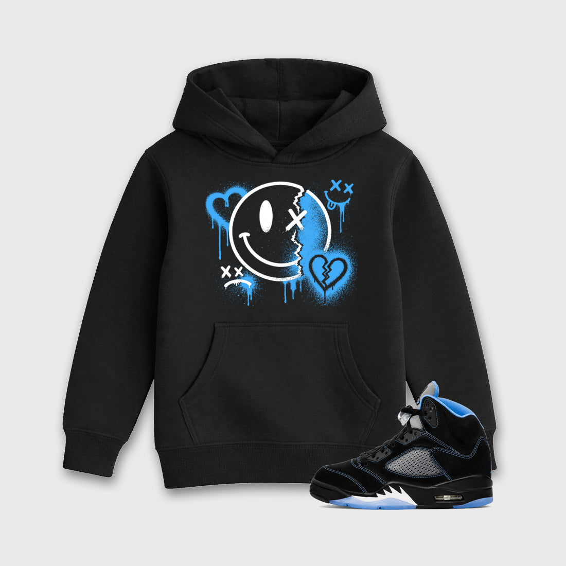 Sneakerfit Streetwear outfit, Sneaker Tees To Match Air Jordan 5 Black University Blue – Sweet Damage Graphic Kids Tee Black 1