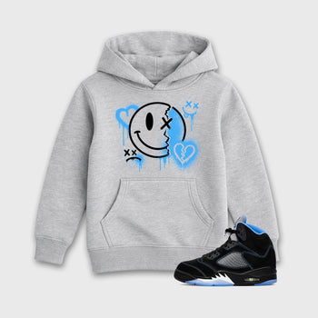 Sneakerfit Streetwear outfit, Sneaker Tees To Match Air Jordan 5 Black University Blue – Sweet Damage Graphic Kids Tee Heather Grey 1