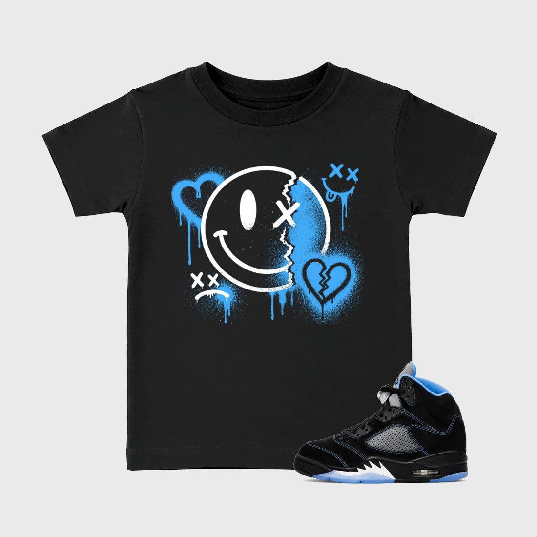 Sneakerfit Streetwear outfit, Sneaker Tees To Match Air Jordan 5 Black University Blue – Sweet Damage Graphic Kids Tee Black 1