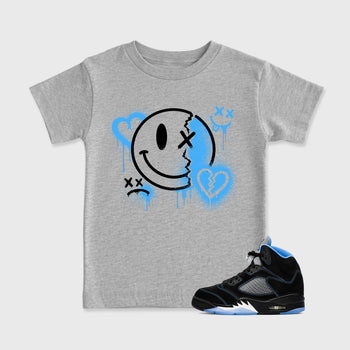 Sneakerfit Streetwear outfit, Sneaker Tees To Match Air Jordan 5 Black University Blue – Sweet Damage Graphic Kids Tee Heather Grey 1