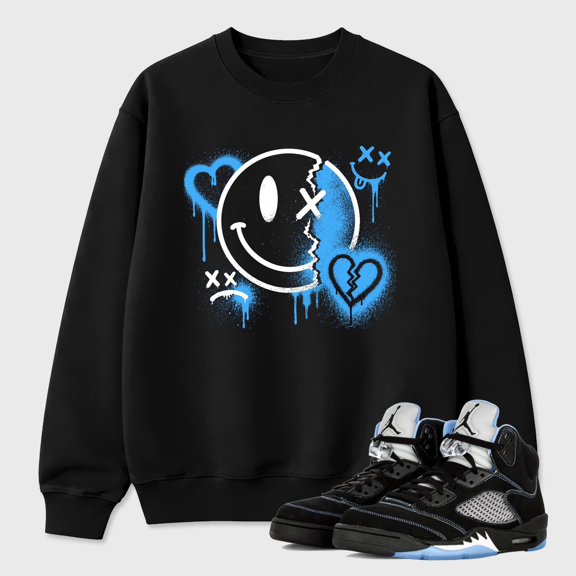 Sneakerfit Streetwear outfit, Sneaker Tees To Match Air Jordan 5 Black Carolina Sweet Damage Graphic Tee Black 1