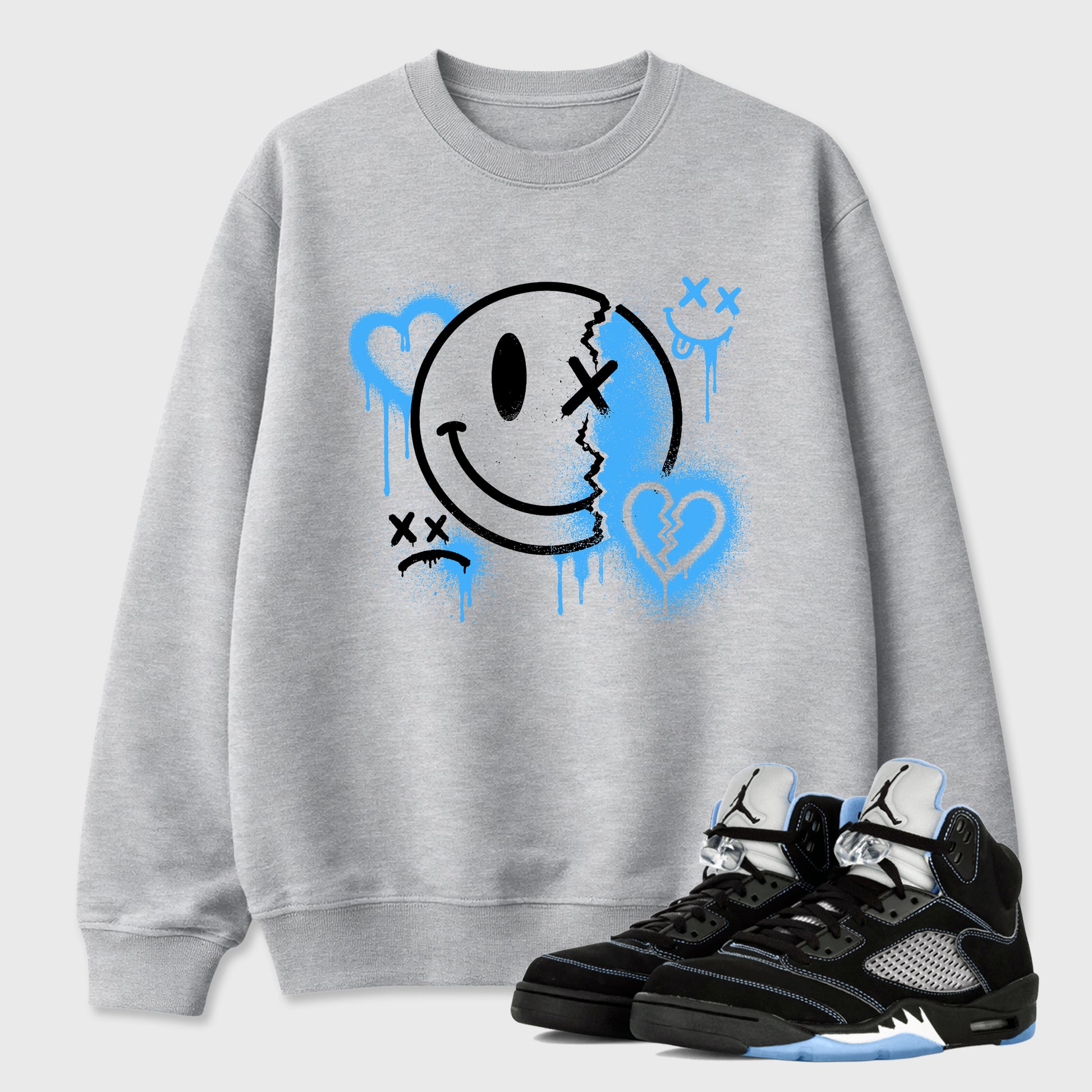 Sneakerfit Streetwear outfit, Sneaker Tees To Match Air Jordan 5 Black University Blue – Sweet Damage Graphic Tee Heather Grey 1