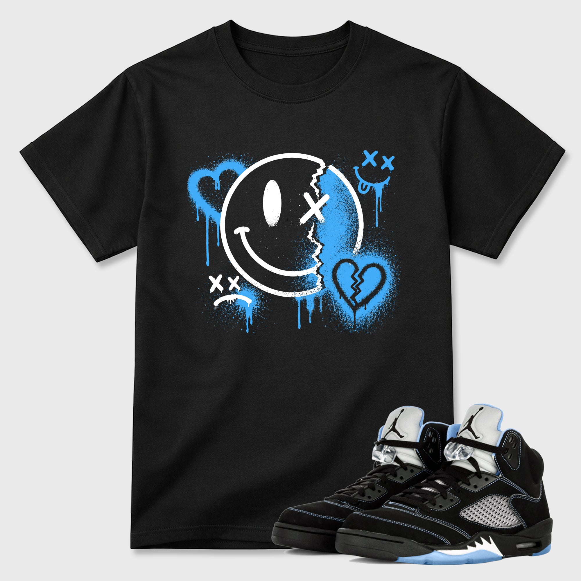 Sneakerfit Streetwear outfit, Sneaker Tees To Match Air Jordan 5 Black Carolina Sweet Damage Graphic Tee Black 1