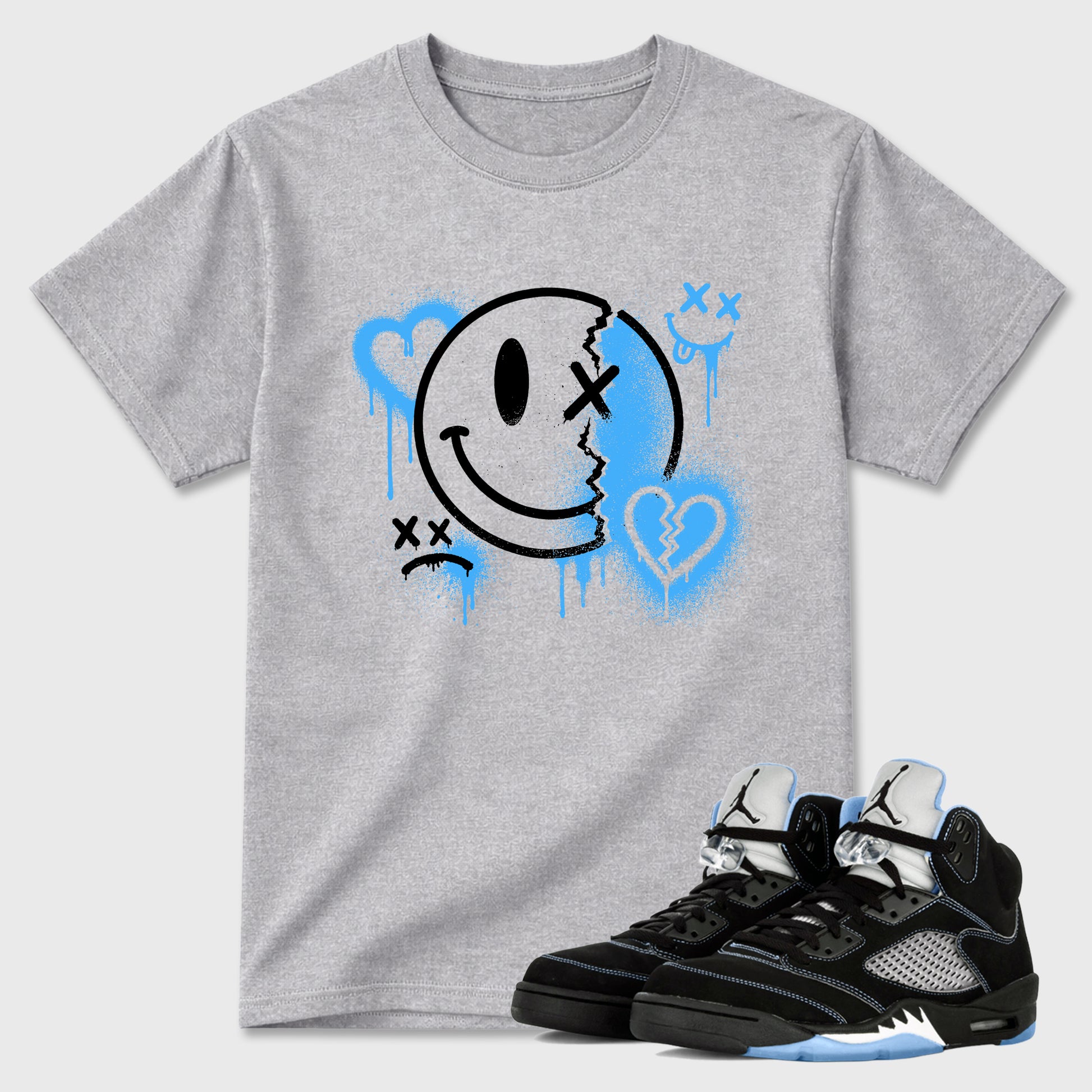 Sneakerfit Streetwear outfit, Sneaker Tees To Match Air Jordan 5 Black University Blue – Sweet Damage Graphic Tee Heather Grey 1
