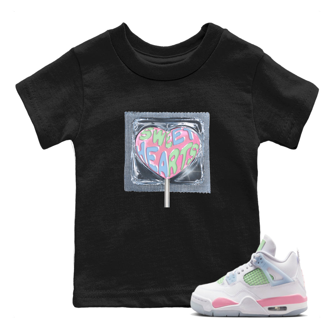 Best Sneakerfits graphic tee – Perfect Valentine's Day outfits to match Air Jordan 4 Valentines Day Kids – Sweethearts lollipop Kids T-Shirt Black 1