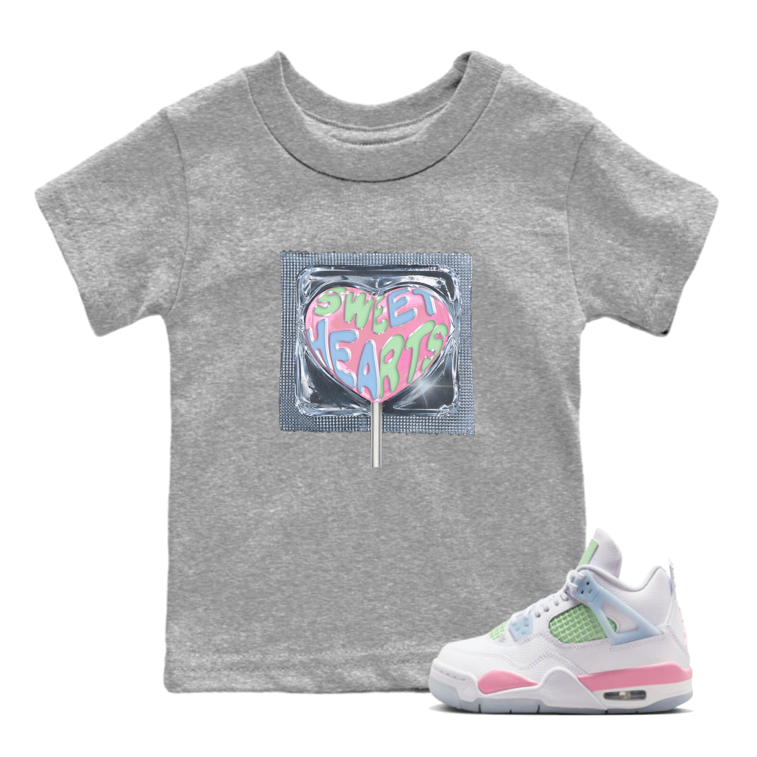 Best Sneakerfits graphic tee – Perfect Valentine's Day outfits to match Air Jordan 4 Valentines Day Kids – Sweethearts lollipop Kids T-Shirt Heather Grey 1