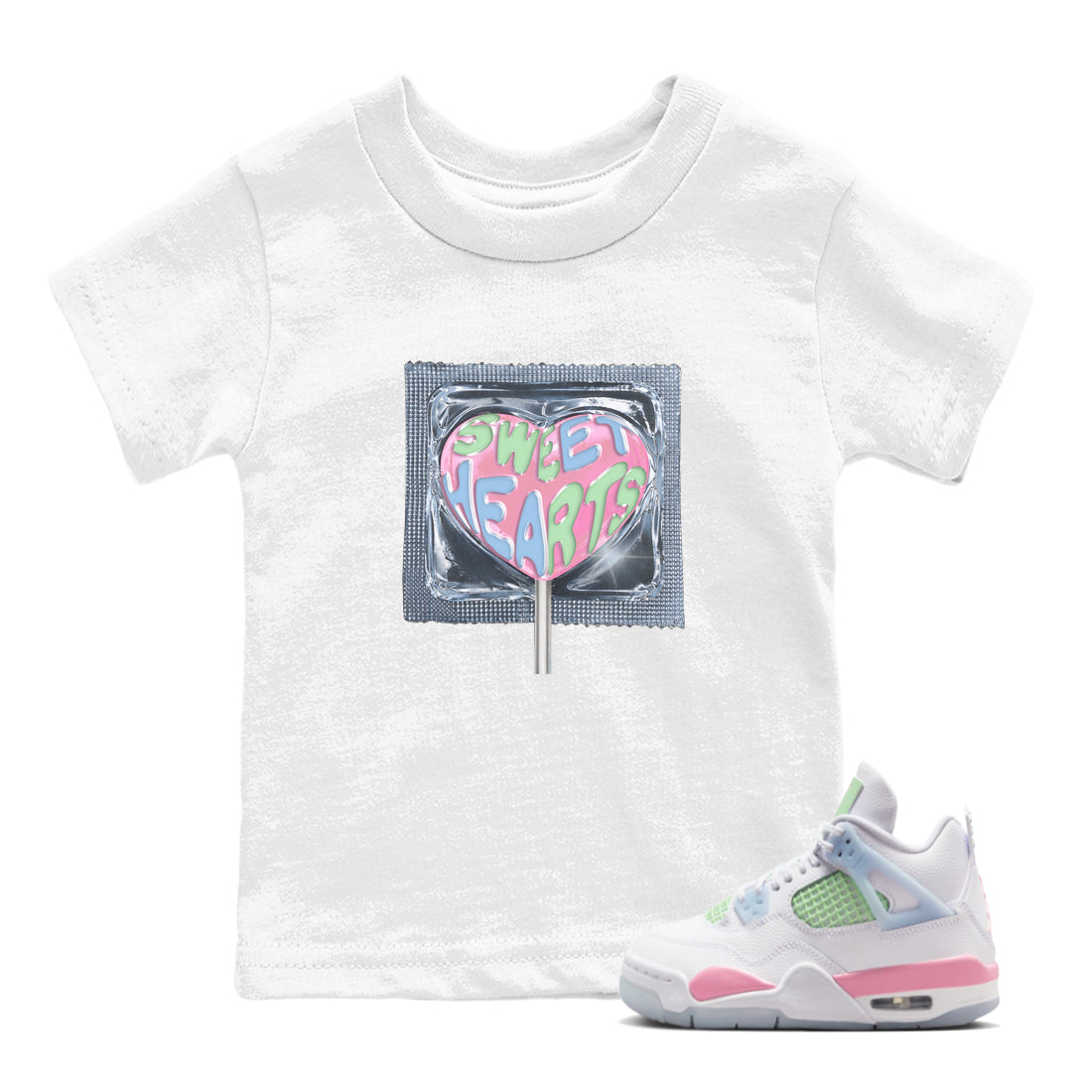 Best Sneakerfits graphic tee – Perfect Valentine's Day outfits to match Air Jordan 4 Valentines Day Kids – Sweethearts lollipop Kids T-Shirt White 1