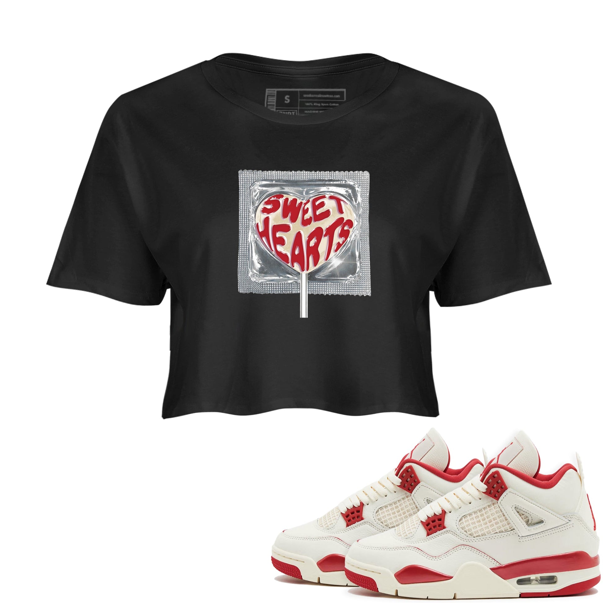 Best Sneakerfits graphic tee – Perfect Valentine's Day outfits to match Air Jordan 4 Valentines Day – Sweethearts lollipop Crop T-Shirt Black 1