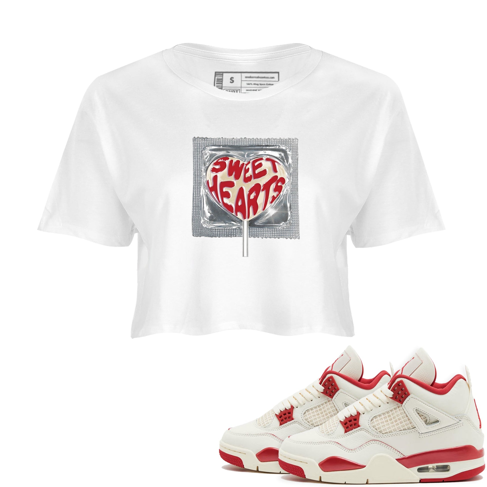 Best Sneakerfits graphic tee – Perfect Valentine's Day outfits to match Air Jordan 4 Valentines Day – Sweethearts lollipop Crop T-Shirt White 1