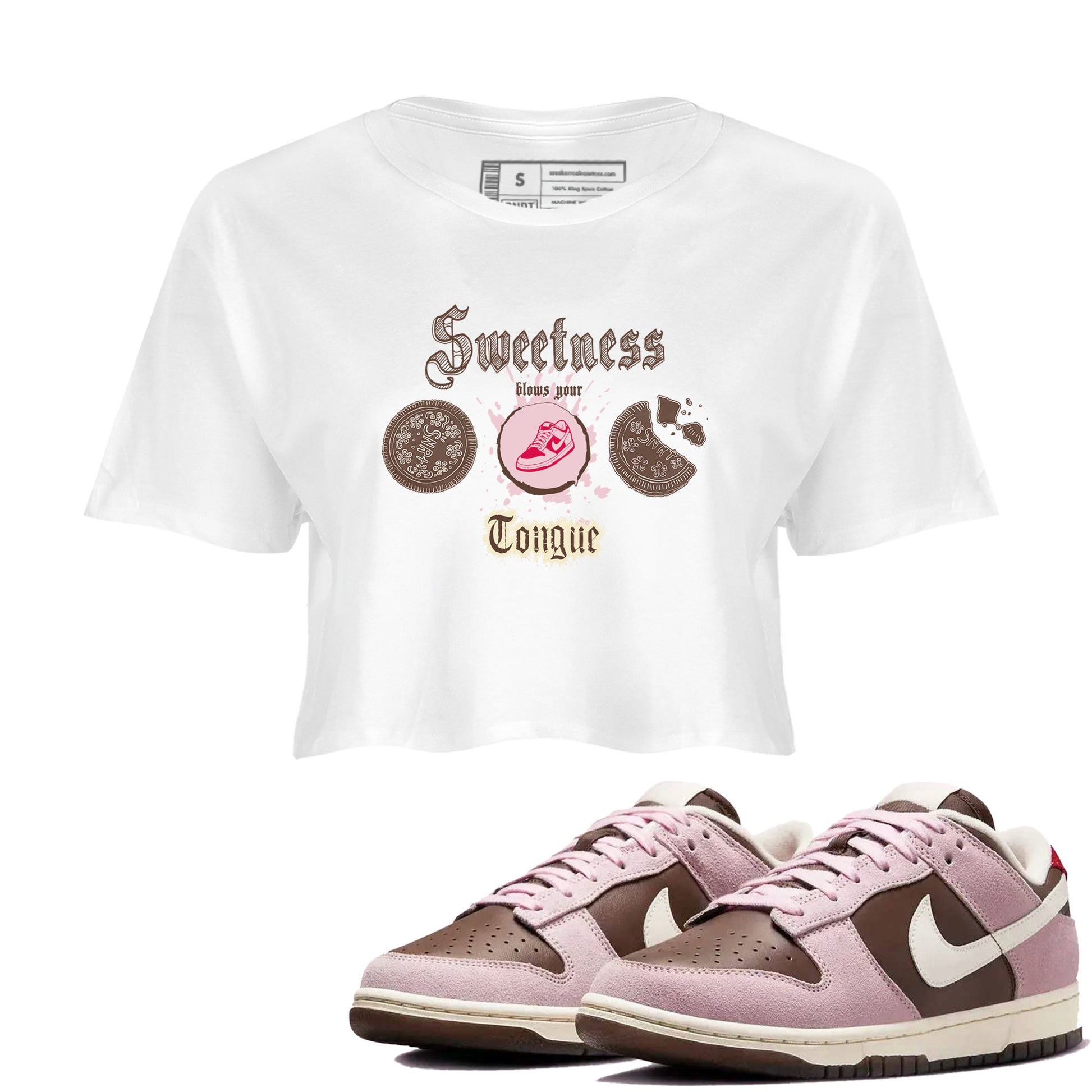 Dunk Cacao Wow And Pink Foam shirts to match jordans Sweetness Blows Your Tongue sneaker match tees Dunk Cacao Wow And Pink Foam SNRT Sneaker Tees streetwear brand White 1 crop tee