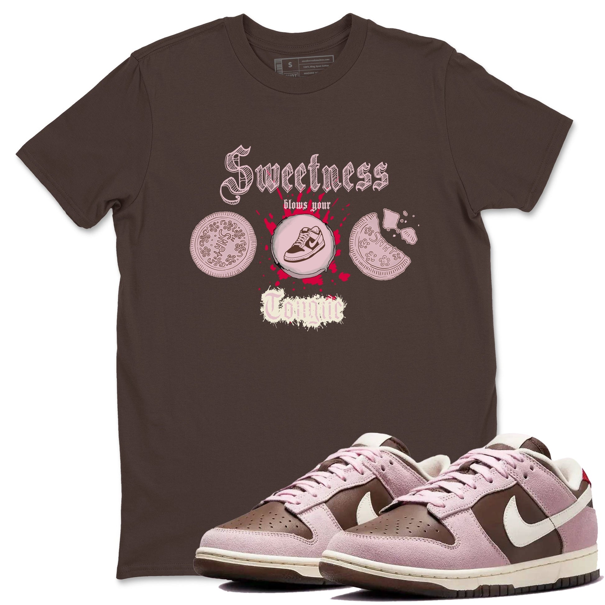 Dunk Cacao Wow And Pink Foam shirts to match jordans Sweetness Blows Your Tongue sneaker match tees Dunk Cacao Wow And Pink Foam SNRT Sneaker Tees streetwear brand Dark Chocolate 1 unisex cotton tee