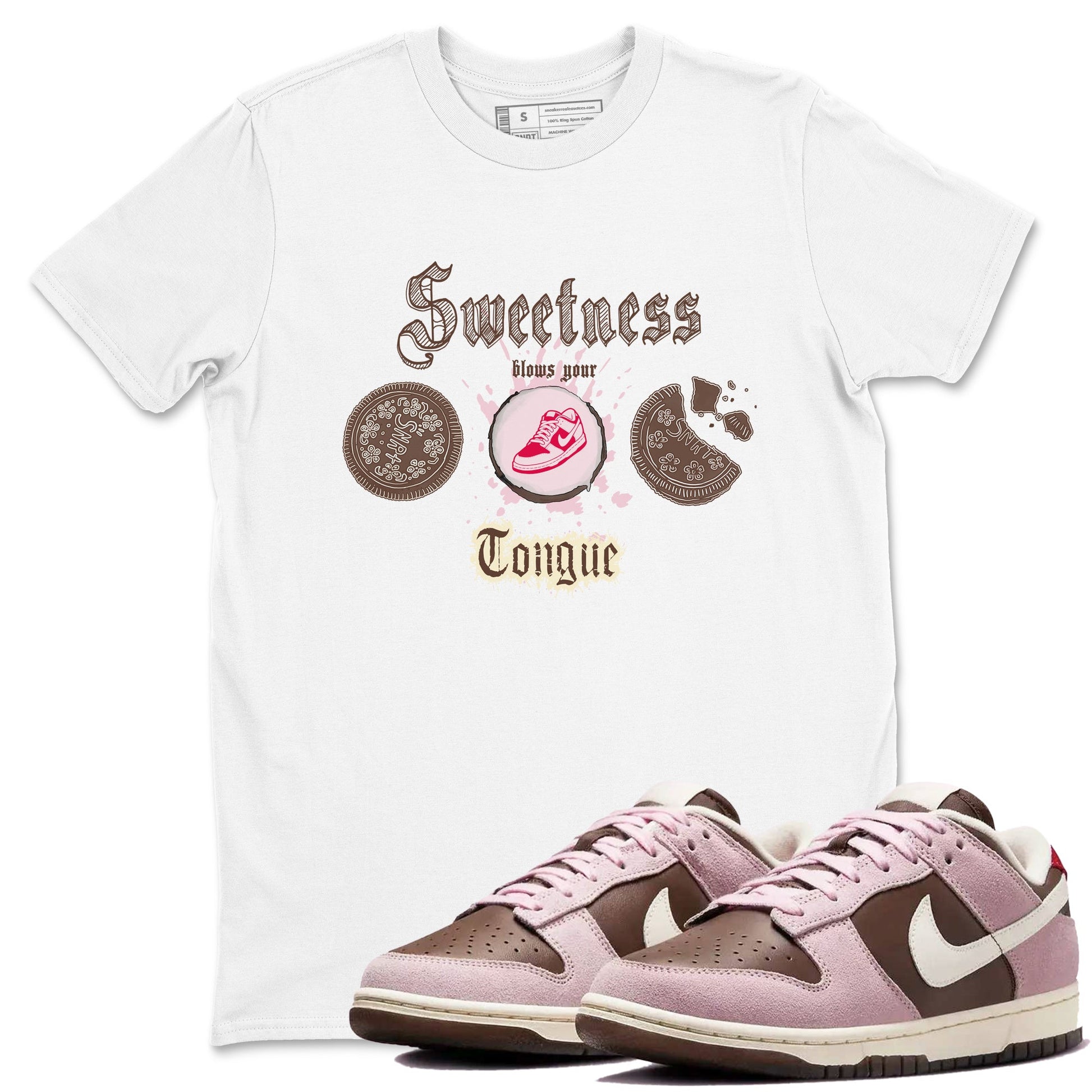 Dunk Cacao Wow And Pink Foam shirts to match jordans Sweetness Blows Your Tongue sneaker match tees Dunk Cacao Wow And Pink Foam SNRT Sneaker Tees streetwear brand White 1 unisex cotton tee