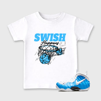 Sneaker match tees – Sneaker Tees To Match Air Foamposite Pro University Blue Shoes – Swish Happens Kids T-Shirt White 1