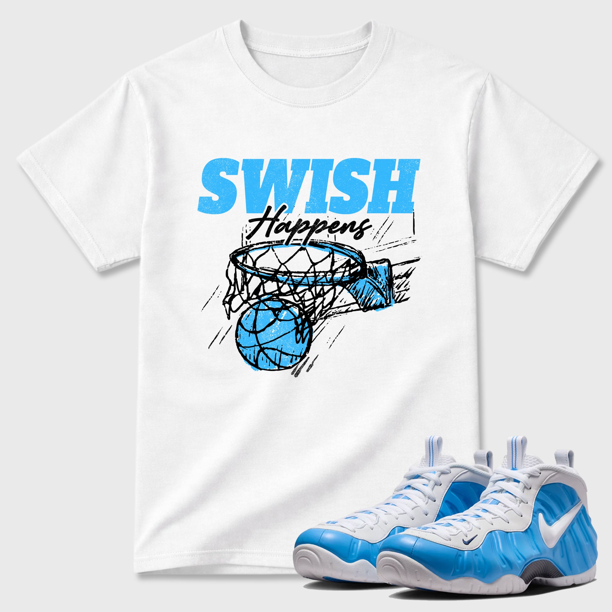 Sneaker match tees – Sneaker Tees To Match Air Foamposite Pro University Blue Shoes – Swish Happens Tee White 1