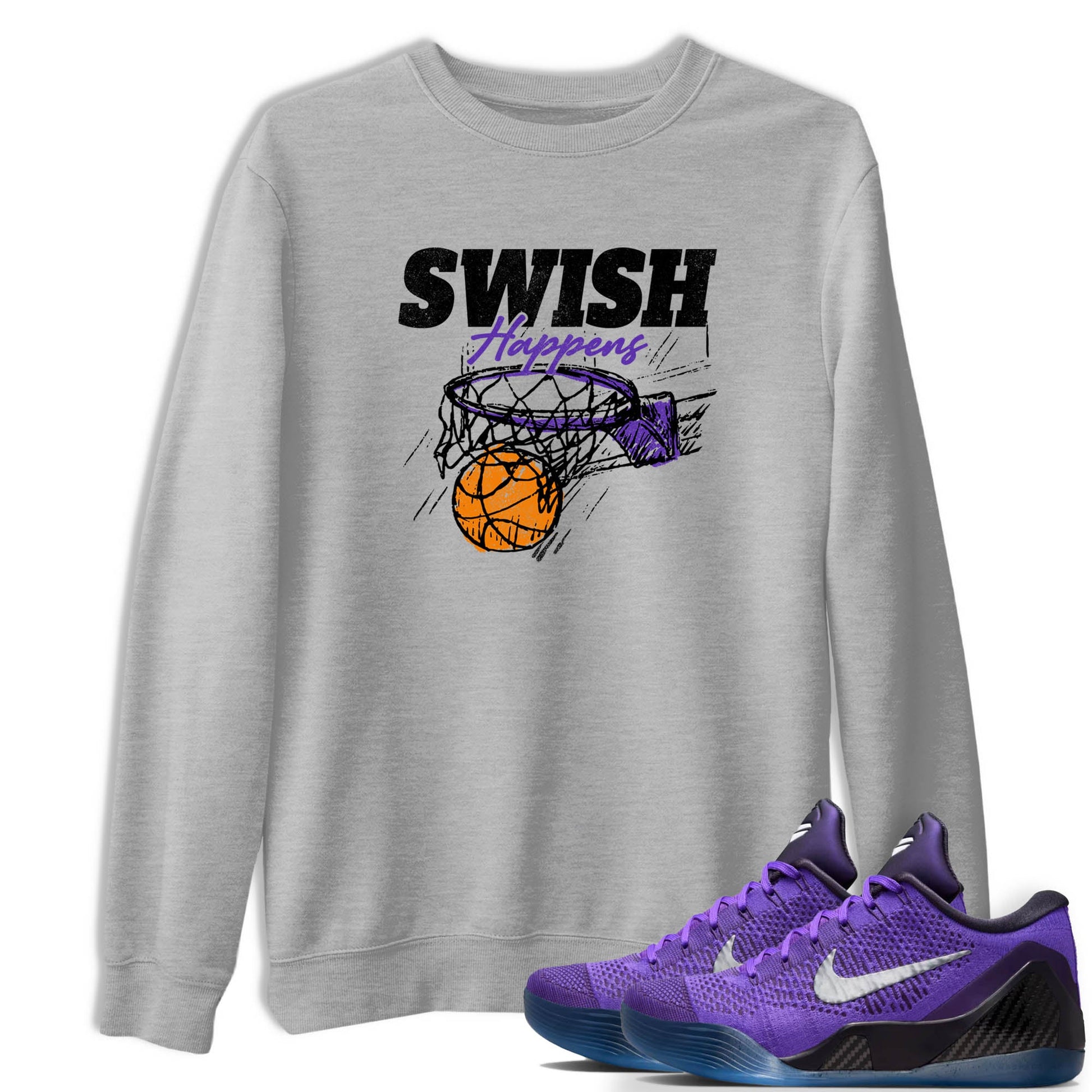 Sneaker Threads – Sneaker Tees To Match Nike KB 9 Hyper Grape – Swish Happens Graphic Tee Heather Grey 1. Perfect for Jordan releases 2025 colorways. Perfect for purple basketball sneaker releases and legacy-inspired colorways for 2025 hoopers.