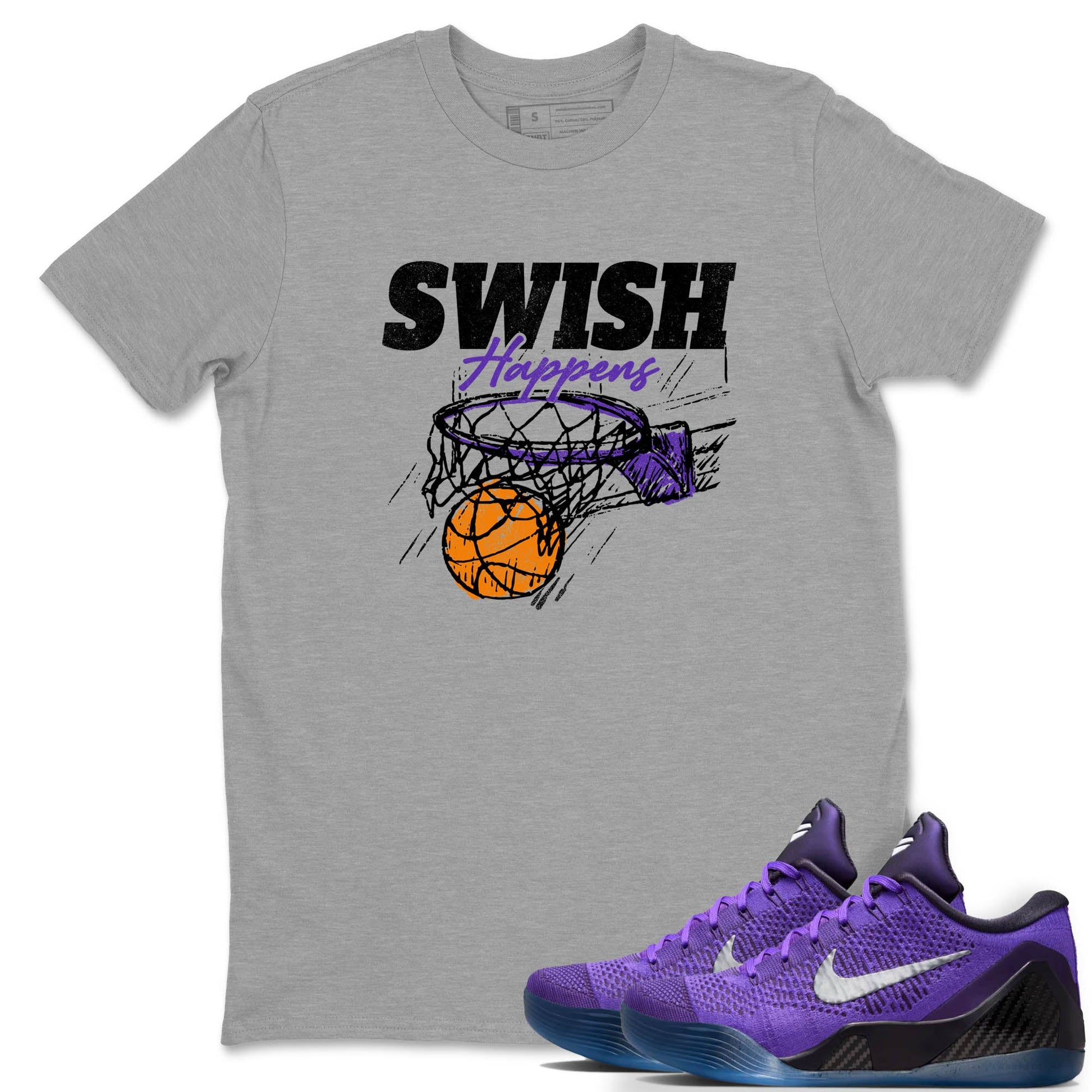 Sneaker Threads – Sneaker Tees To Match Nike KB 9 Hyper Grape – Swish Happens Graphic Tee Heather Grey 1. Perfect for Jordan releases 2025 colorways. Perfect for purple basketball sneaker releases and legacy-inspired colorways for 2025 hoopers.
