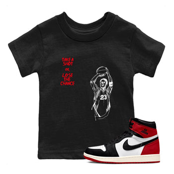 1s Black Toe Reimagined shirts to match jordans Take A Shot sneaker match tees Air Jordan 1 Black Toe Reimagined SNRT Sneaker Release Tees Youth Baby Black 1 crew neck shirts